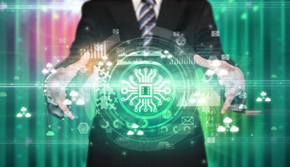 Businessman holding technology icon concept