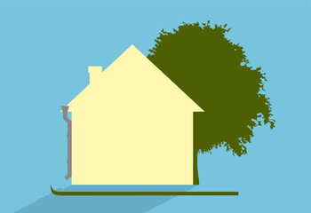 House on a green lawn next to a tree. A flat one-color house, simple in shape. Sunny day, blue sky