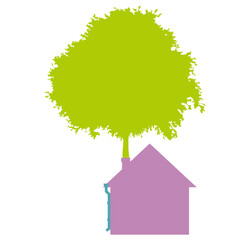 House on a white next to a tree. A flat one-color house, simple in shape. Sunny day