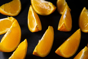Slices of orange. Mandarin slices background. Delicious juicy and ripe orange