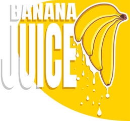 Banana juice flows from the fruit. Four bananas of different shapes on a yellow background. Typography and vector fruits.