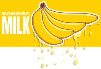 Banana milk flows from the fruit. Four bananas of different shapes on a yellow background. Typography and vector fruits.