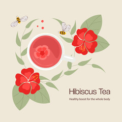 Mug of herbal tea among the hibiscus flowers.
