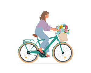Woman riding bike with flowers in the basket. Vector illustration in flat style
