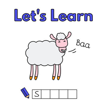 Cartoon sheep learning game for small children - write the word. Vector illustration for kids