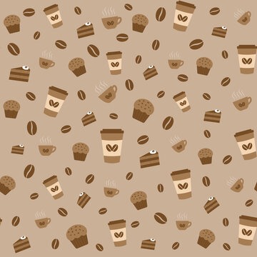Coffee pattern with coffee cups, cakes, beans, muffins. Creative seamless texture with food. Flat vector illustration
