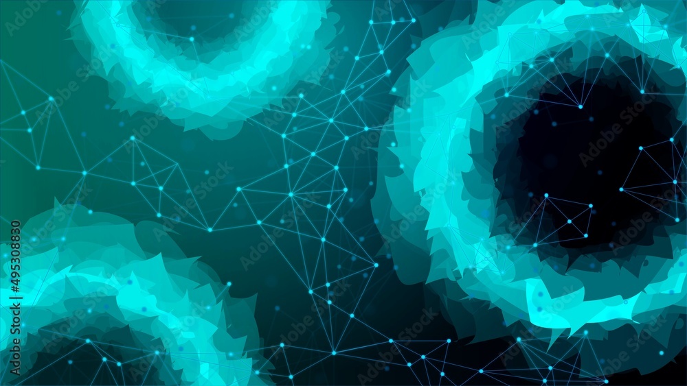 Aufkleber neon backgrounds. design of chaotic circles, plexus of dots and lines. spiral space portal, tunnel. 