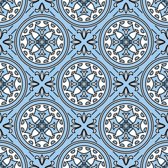 Seamless texture with blue oriental geometric ornament. Vector mosaic pattern