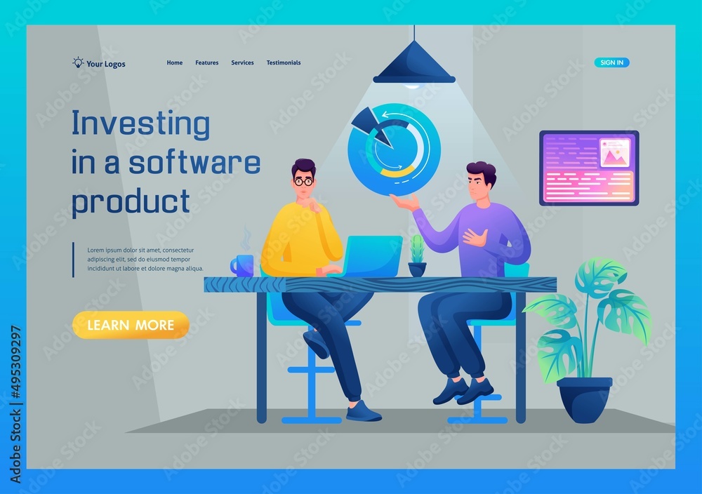 Poster programmer communicates with an investor, investing in a software product. diagrams, calculations, c