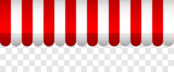 Obraz premium Red and white striped seamless shop awning. Tent sun shade for market on white background. Commercial Canopy. Vector illustration pattern.