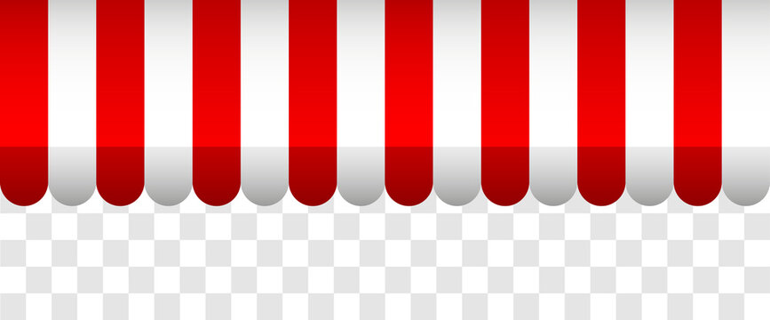 Red and white striped seamless shop awning. Tent sun shade for market on white background. Commercial Canopy. Vector illustration pattern.