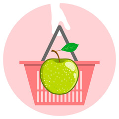 Green vector apple with a leaf in a grocery basket. Juicy fruit isolated on pink.