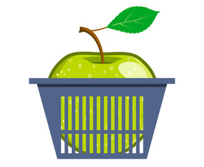 Green vector apple with a leaf in a grocery basket. Juicy fruit isolated on white.