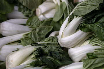 Closeup of Pak choi  heads on a greengrocers stall at a street market