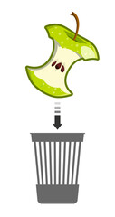 Green apple core flies into the trash can. The half-eaten apple is thrown into the trash. Throw out waste. Vector isolated on a white background.
