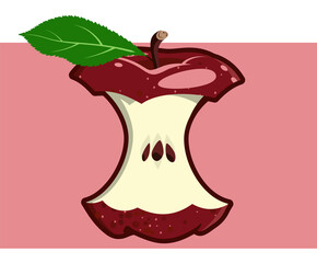 Red apple core. The half-eaten apple vector isolated on a pink background. Throw out waste.