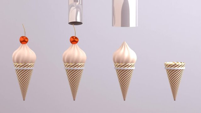 A machine for making an ice-cream with waffle cones and red cherries looped 3D animation. Ice-cream Day concept. Seamless motion design
