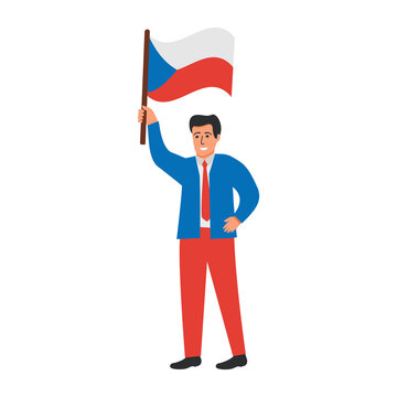 Czech Republic flag waving man.Joyful guy hand holding Czech flag.Character cartoon vector flat illustration. Isolated on white background.