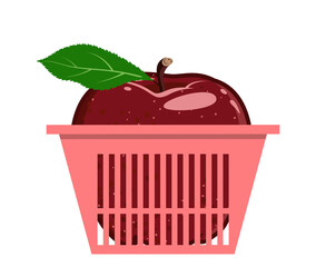 Red vector apple with a leaf in a grocery basket. Juicy fruit isolated on white.