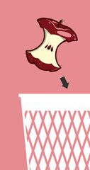 Red apple core flies into the trash can. The half-eaten apple is thrown into the trash. Throw out waste. Vector isolated on a pink background.