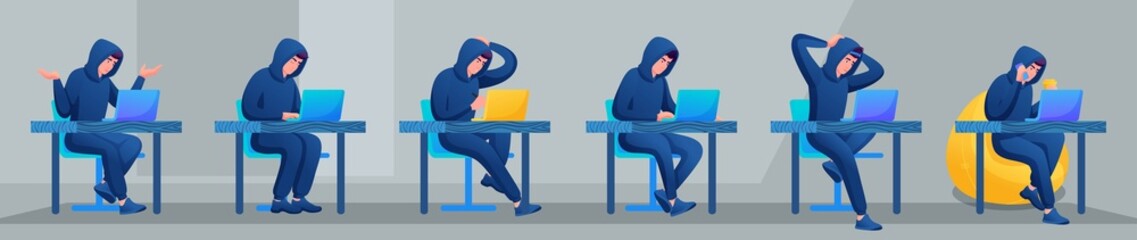 Collection of Teenagers in modern casual clothes. Variants of the movements. Hacker. Young Specialist is Sitting on a Chair, Drinking Coffee, Talking on the Phone