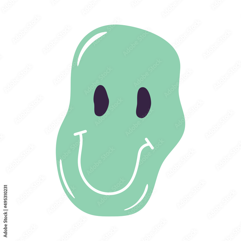 Poster abstract distorted emoji element. melting groovy face with smile. 70s, 80s, 90s vibes sticker. psych