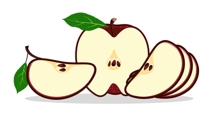 Apple red slices. Sliced juicy apple. The fruit lies on a white surface and casts a shadow.