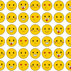 Naklejka premium Seamless pattern with round yellow smiley faces. Traditional old cartoon style character. Emoji background. Vector illustration.