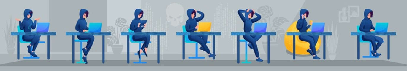Set of actions of a Girl, A Hacker. Variants of the movements. Hacker. Young Specialist is Sitting on a Chair, Drinking Coffee, Talking on the Phone, Drawing on a Tablet