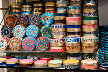 Turkish Soaps in colorful metal containers  boxed  at the Grand Bazaar in Istanbul. Decorative metal tin containing natural olive oil soap.