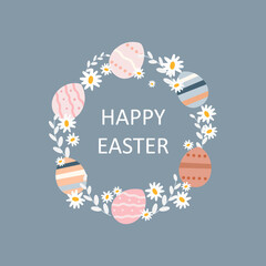 Happy Easter Vector Card. Cute Egg and flower frame. Easter Illustration for card, greeting, banner, template.