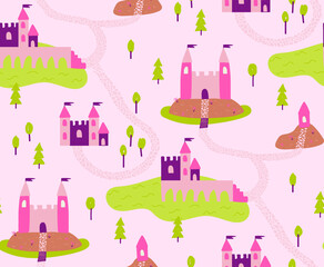 Seamless castles pattern, fairytale vector illustration. Use for baby t-shirt print, fashion print design, kids wear, baby shower, celebration, greeting and invitation.