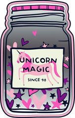 Unicorn magic jar, fairytale vector illustration. Use for baby t-shirt print, fashion print design, kids wear, baby shower, celebration, greeting and invitation.