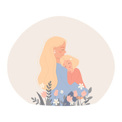 Mother holds her little daughter in her arms.Young woman embraces child surrounded by flowers. Mothers Day greeting card template.