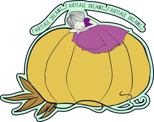 Angel sleeping in a pumpkin, vector illustration. Can be used for baby t-shirt print, fashion print design, kids wear, baby shower, celebration, greeting and invitation.