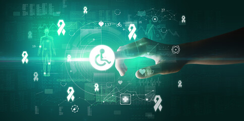 Doctor hand pressing futuristic health device with medical symbol on screen