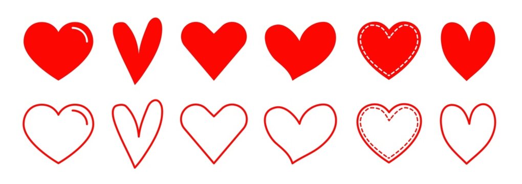 Design red heart shapes icons set. Simple illustration of 14 hearts for love day or valentine day