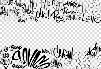 Bombardierung von Graffiti und Tags isoliert auf transparentem Hintergrund mit leeren Rändern für Text. Street-Art-Tags, Graffiti, Kritzeleien. Urban Street Art-Vorlage für Merch. Unterirdischer Vandalismus-Vektor-Mockup © SergeyBitos