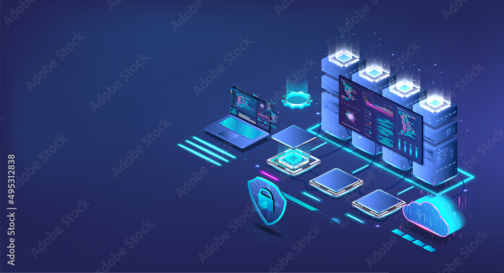 Poster Data Processing Center and Cloud Storage. Isometric digital storage. Server room of cloud computing technologies and technologies of network computing. Data storage and cyber security. Blue 3D vector
