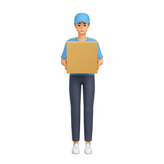 Delivery man with a cardboard box in his hands. A courier in uniform delivers an order from a store. 3d illustration.