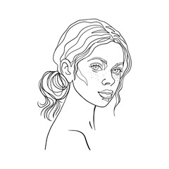 Beautiful caucasian woman with freckles. Graphic outline portrait of young lady. Sketching isolated illustration on white background.