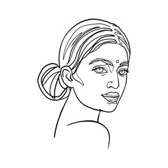 Beautiful Indian woman. Graphic outline portrait of young lady. Sketching isolated illustration on white background.