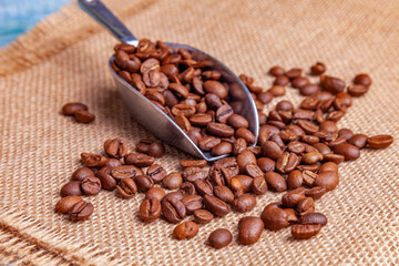 Seeds of coffee are scattered on a table