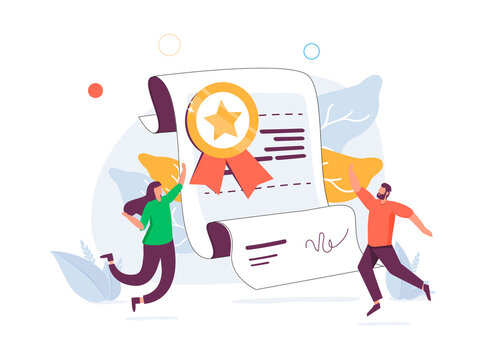 Landing page template with happy bearded woman and document with wafer seal and ribbon. Concept of online professional.