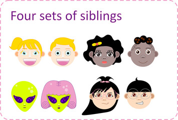 Set of 8 different cute faces. Set of 4 different siblings. Children and aliens. Kids. Set of 8 different avatars. Eight isolated vector 