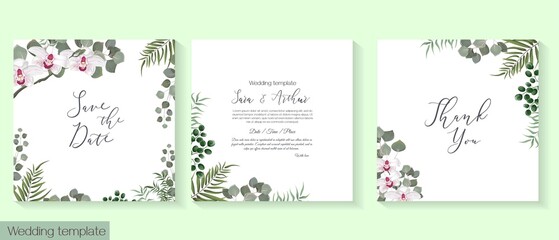 Vector illustrationVector herbal wedding invitation template. Different herbs, white orchid, green plants and leaves, unripe berries.
