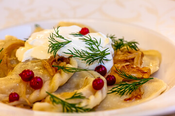 Traditional Ukrainian dishes - dumplings with sour cream, fried onions and cranberries are on a plate