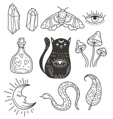 Esoteric boho witch hand drawn design element set collection