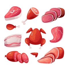 Raw meat piece sausage steak design element isolated on white background set