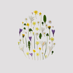Minimal Easter concept. Flat lay arranged of beautiful spring flowers in the shape of a big egg. Beige background.